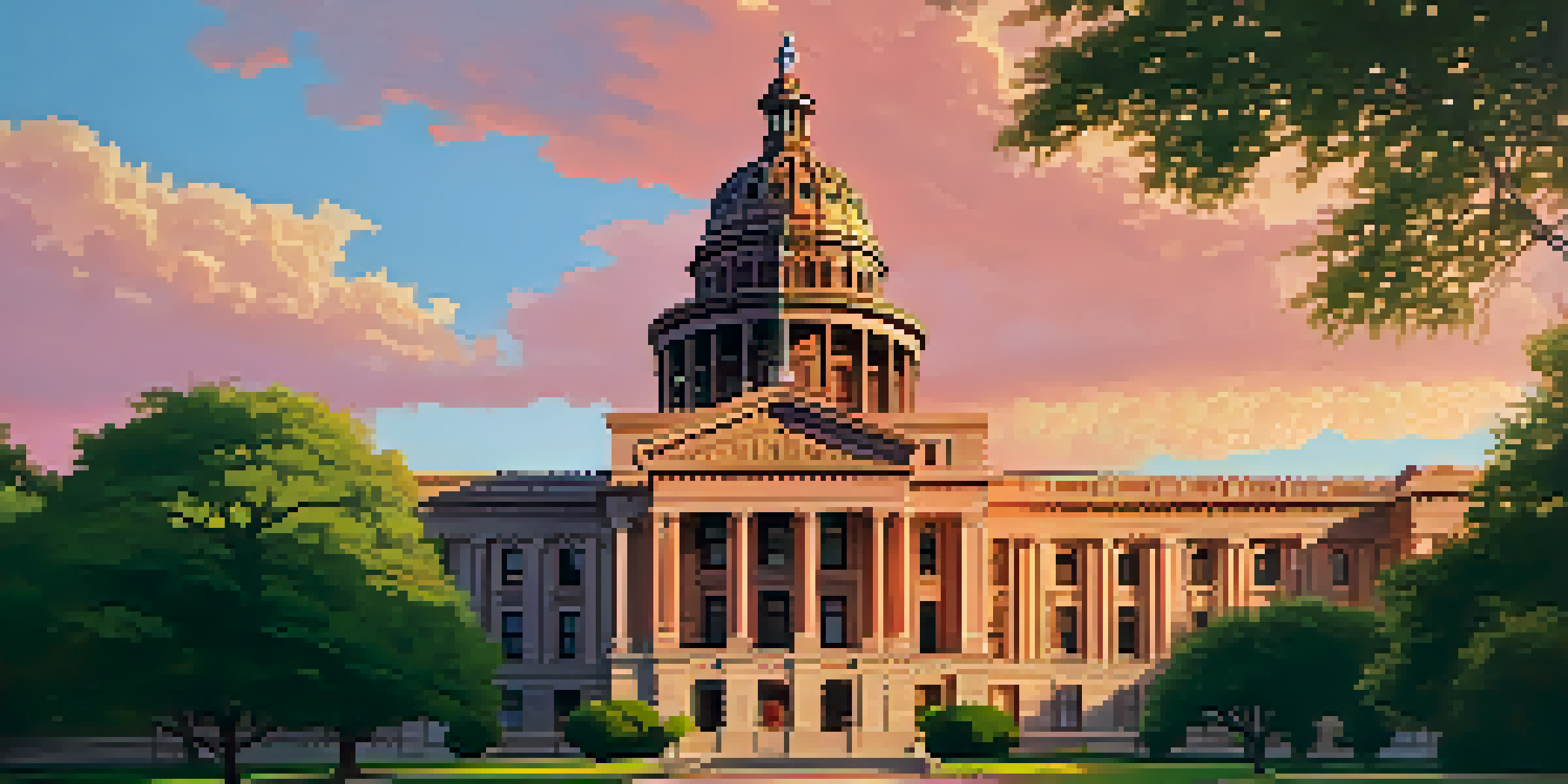 A picturesque view of the Texas State Capitol building illuminated by the warm golden hour light, surrounded by green trees and a colorful sky.