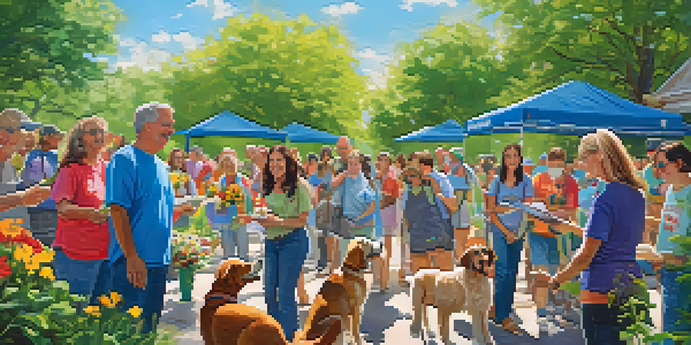 Volunteers at Austin Pets Alive! interacting with rescued dogs in a sunny outdoor setting with greenery and flowers.