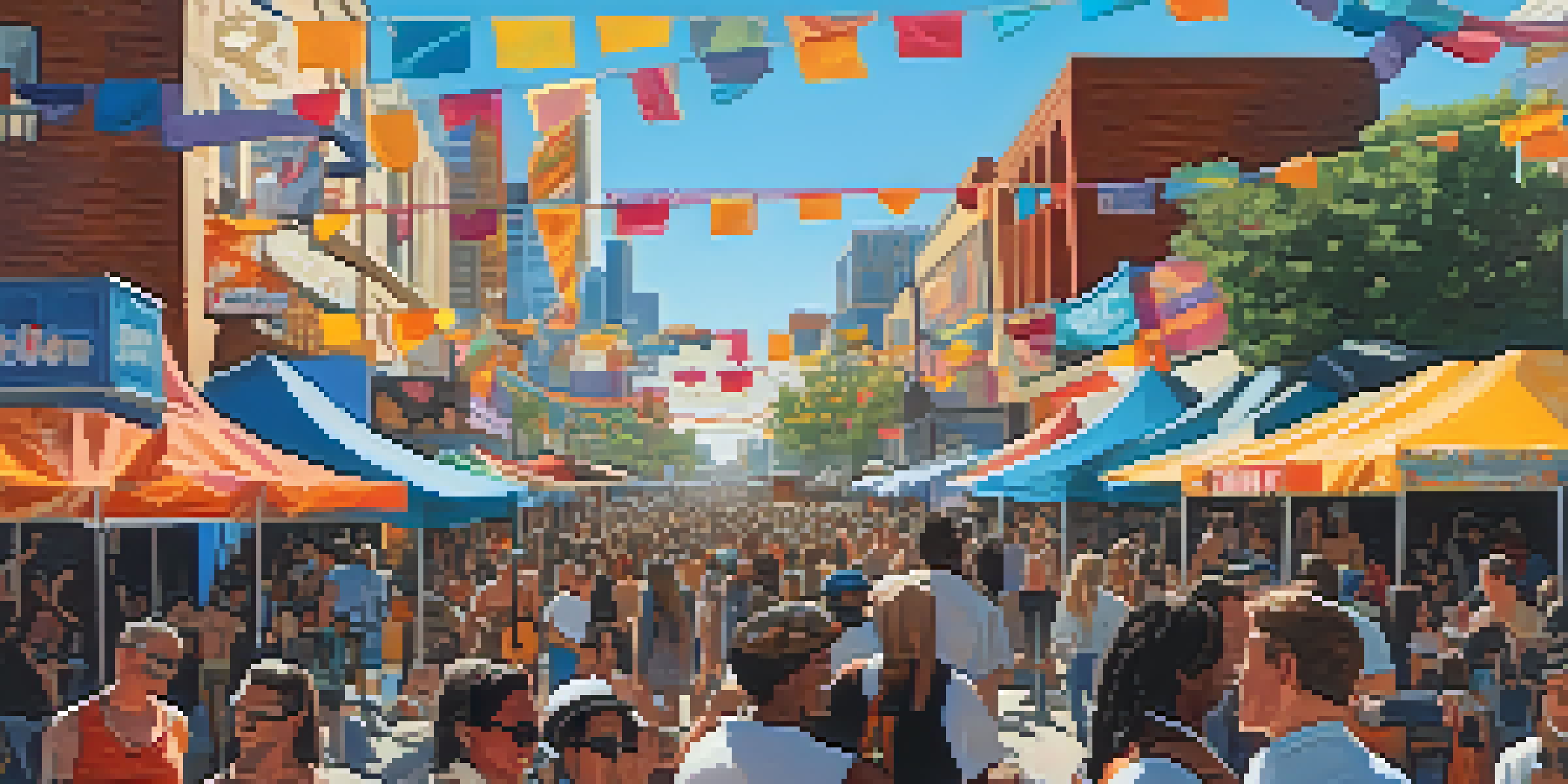 A lively street scene at the South by Southwest festival in Austin, featuring filmmakers and attendees, colorful banners, outdoor movie screens, and food trucks under a sunny sky.