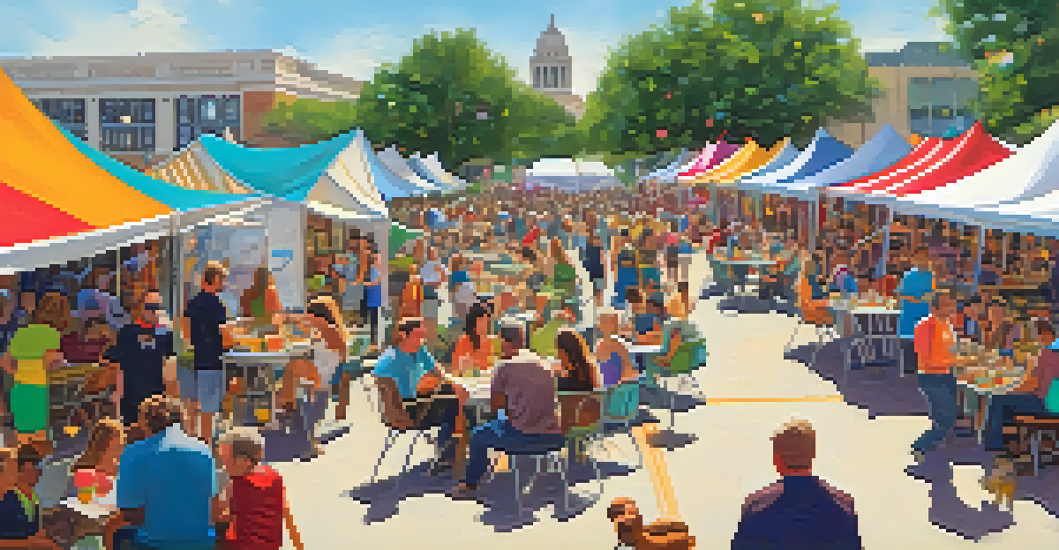 A lively Texas Book Festival with authors signing books, attendees enjoying the event, and colorful banners creating a festive atmosphere.