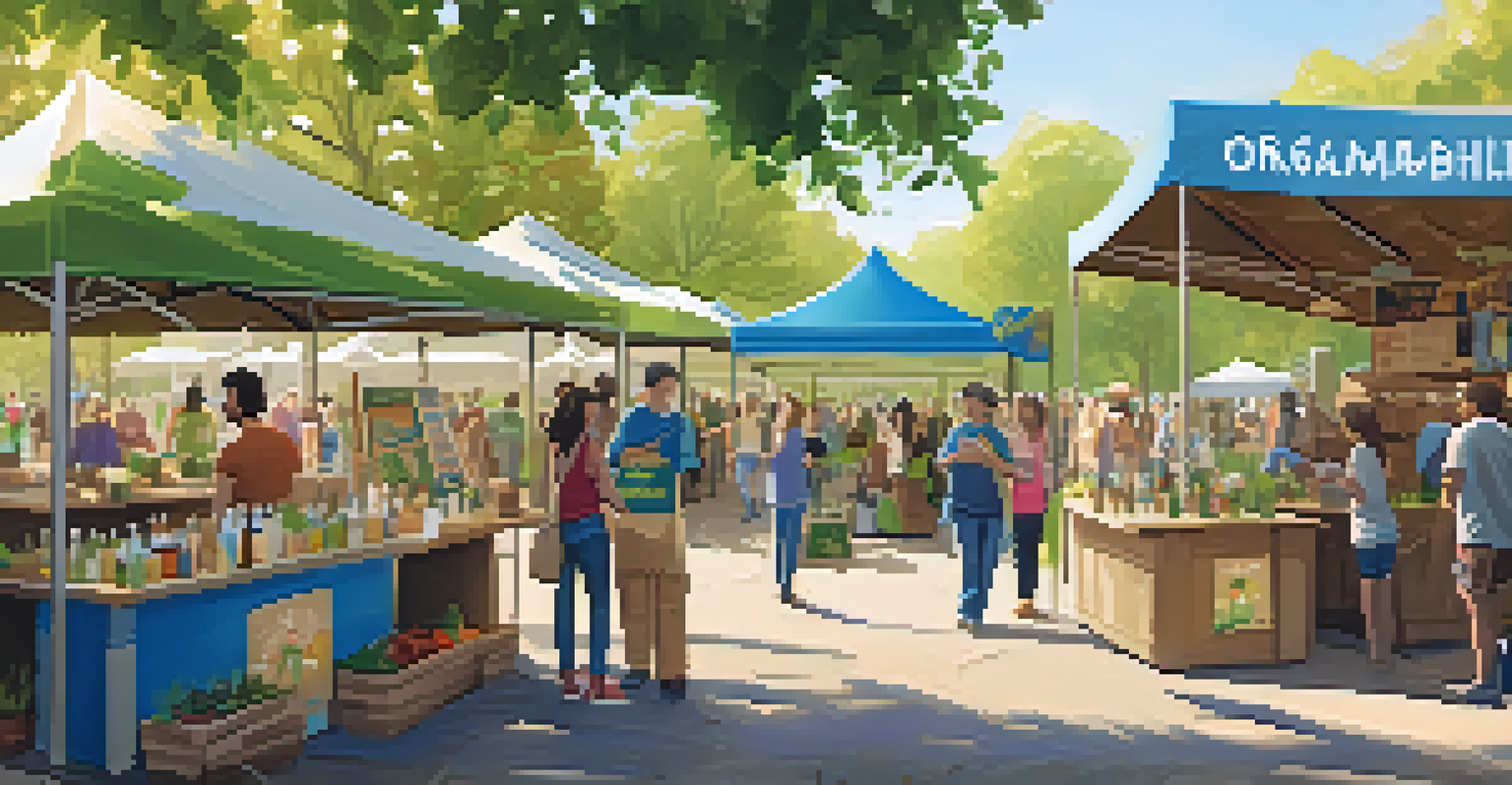 An eco-friendly festival with recycling stations and attendees participating in a community cleanup under soft sunlight.