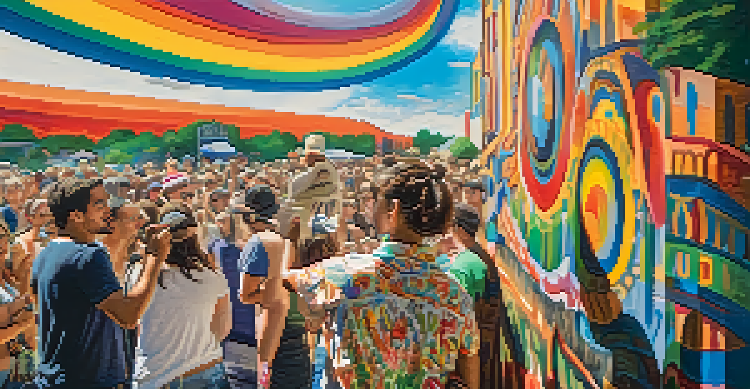 A close-up of a local artist painting a mural at an Austin festival, with vibrant colors and an engaged audience in the background.