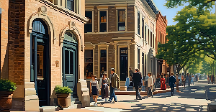 A view of Austin's Historic District featuring 19th-century Victorian and Romanesque buildings under warm sunlight.