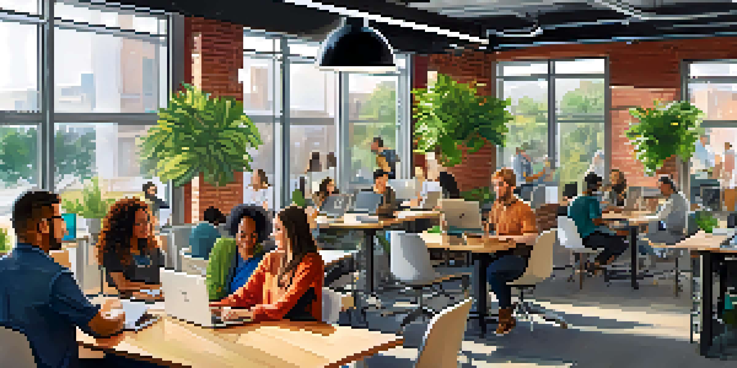 A lively tech incubator filled with diverse entrepreneurs working together, with laptops and coffee cups, in a modern, well-lit space with greenery.