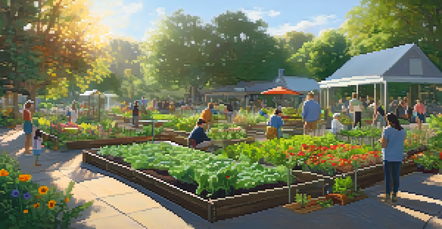 A community garden in Austin with families tending to plants, surrounded by vegetables and flowers in a sunlit setting.