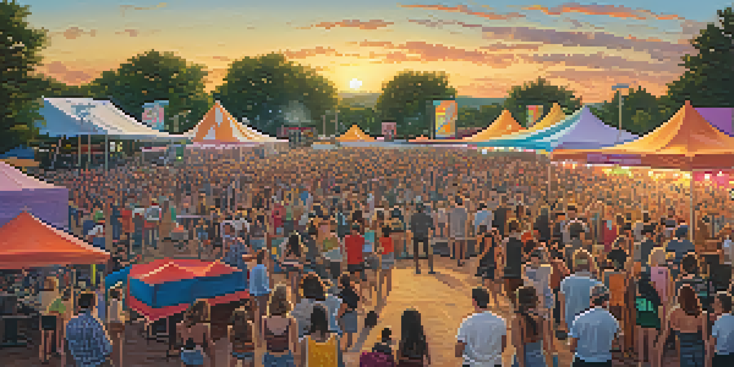 An outdoor music festival in Austin with a diverse crowd, colorful banners, and musicians performing on stage during sunset.