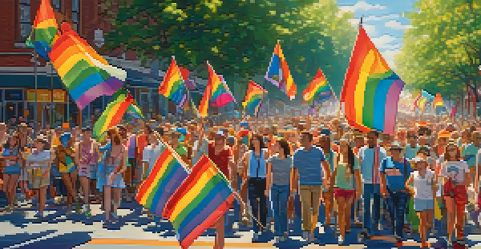 A lively Pride parade with diverse participants celebrating with colorful flags and banners in a sunny urban setting.