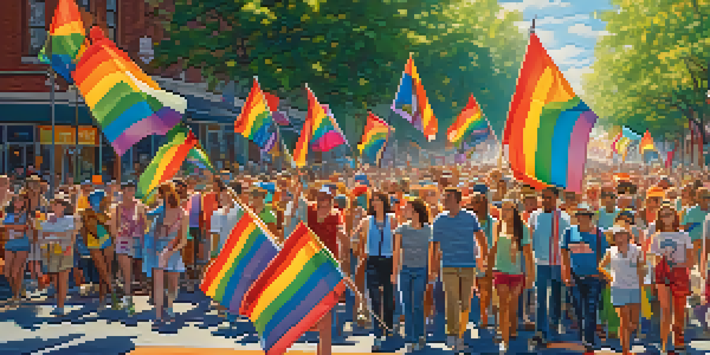 A lively Pride parade with diverse participants celebrating with colorful flags and banners in a sunny urban setting.