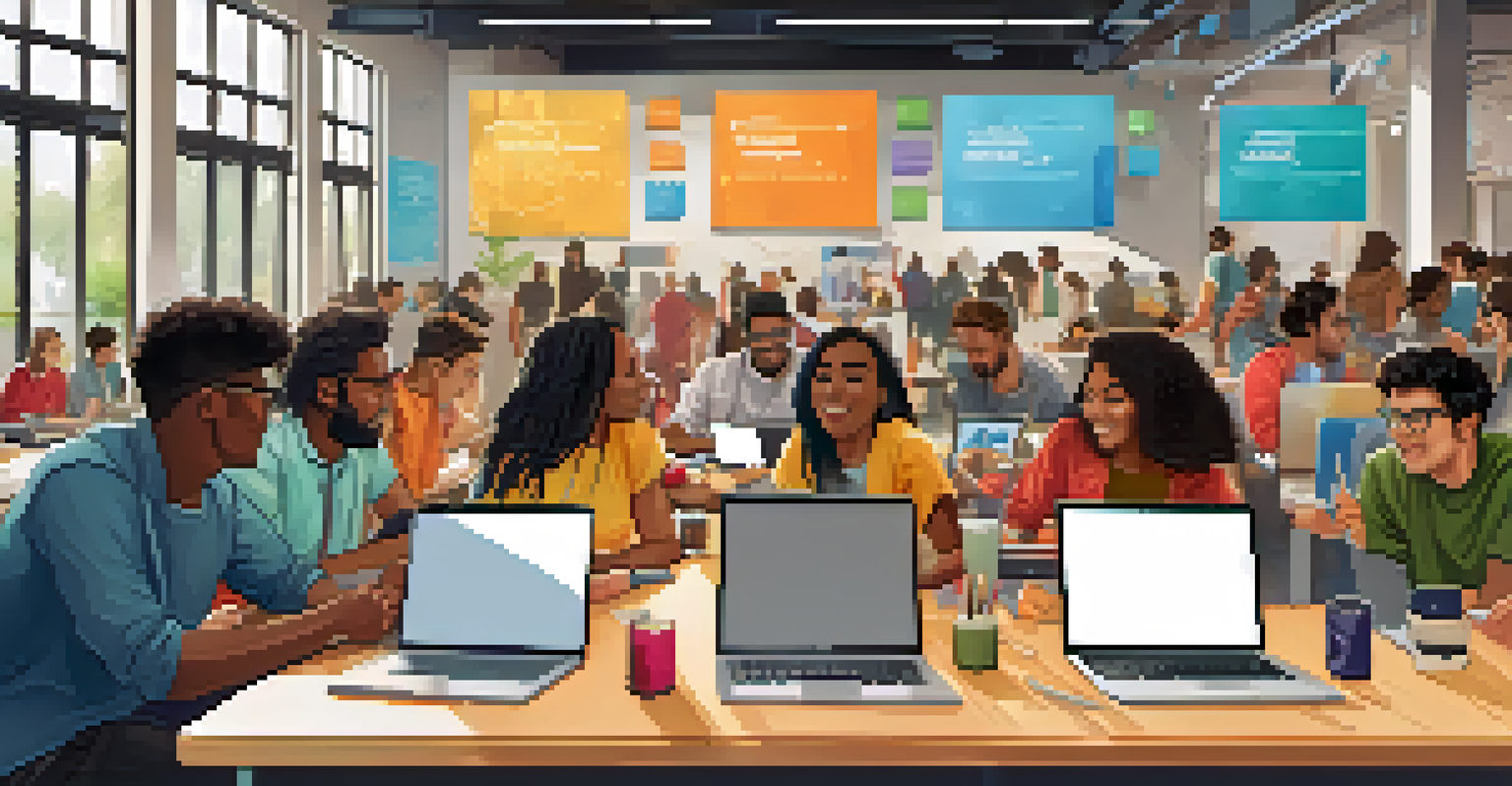 A group of diverse students engaged in a hackathon, working together on laptops amidst a lively and colorful environment.