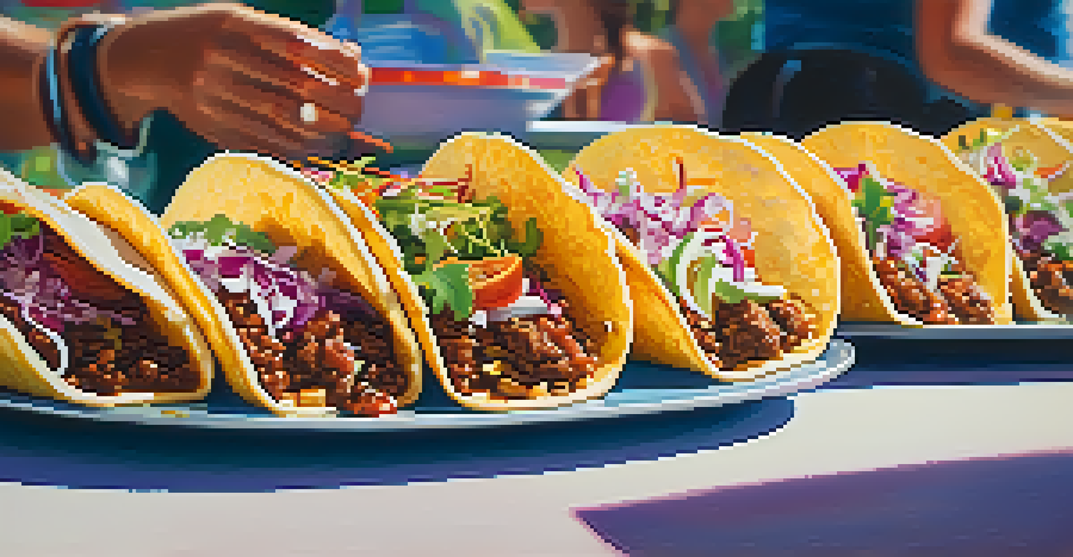 A close-up of gourmet tacos on a plate at an Austin food festival, with a busy festival atmosphere in the background.
