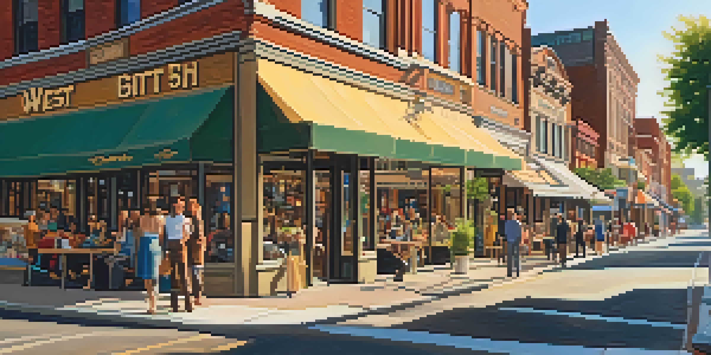 A lively street view of West 5th Street filled with unique boutiques and cafes, bathed in warm golden light from the setting sun.