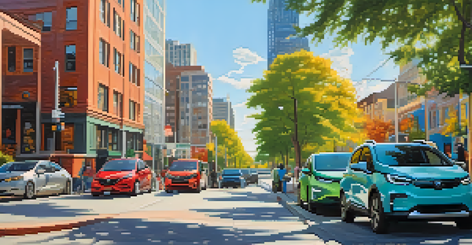A sunny city street in Austin featuring electric vehicles, charging stations, trees, and colorful murals, with people enjoying the urban space.