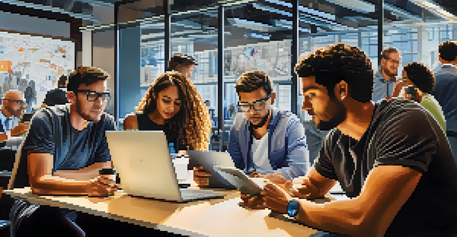 A close-up of entrepreneurs brainstorming in a modern office filled with tech gadgets and laptops.