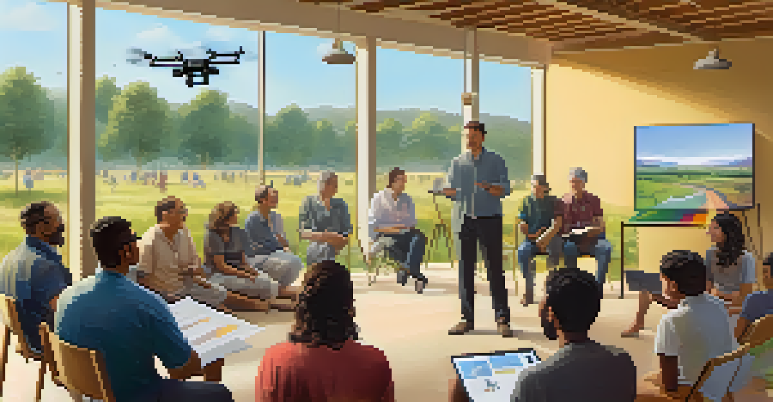 A community meeting discussing drone technology with people engaged in conversation and charts displayed.
