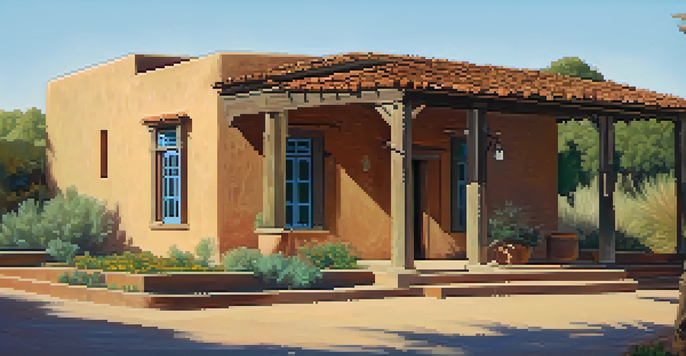 A historic adobe building in Austin with warm earth-toned walls surrounded by greenery under a clear blue sky during golden hour.