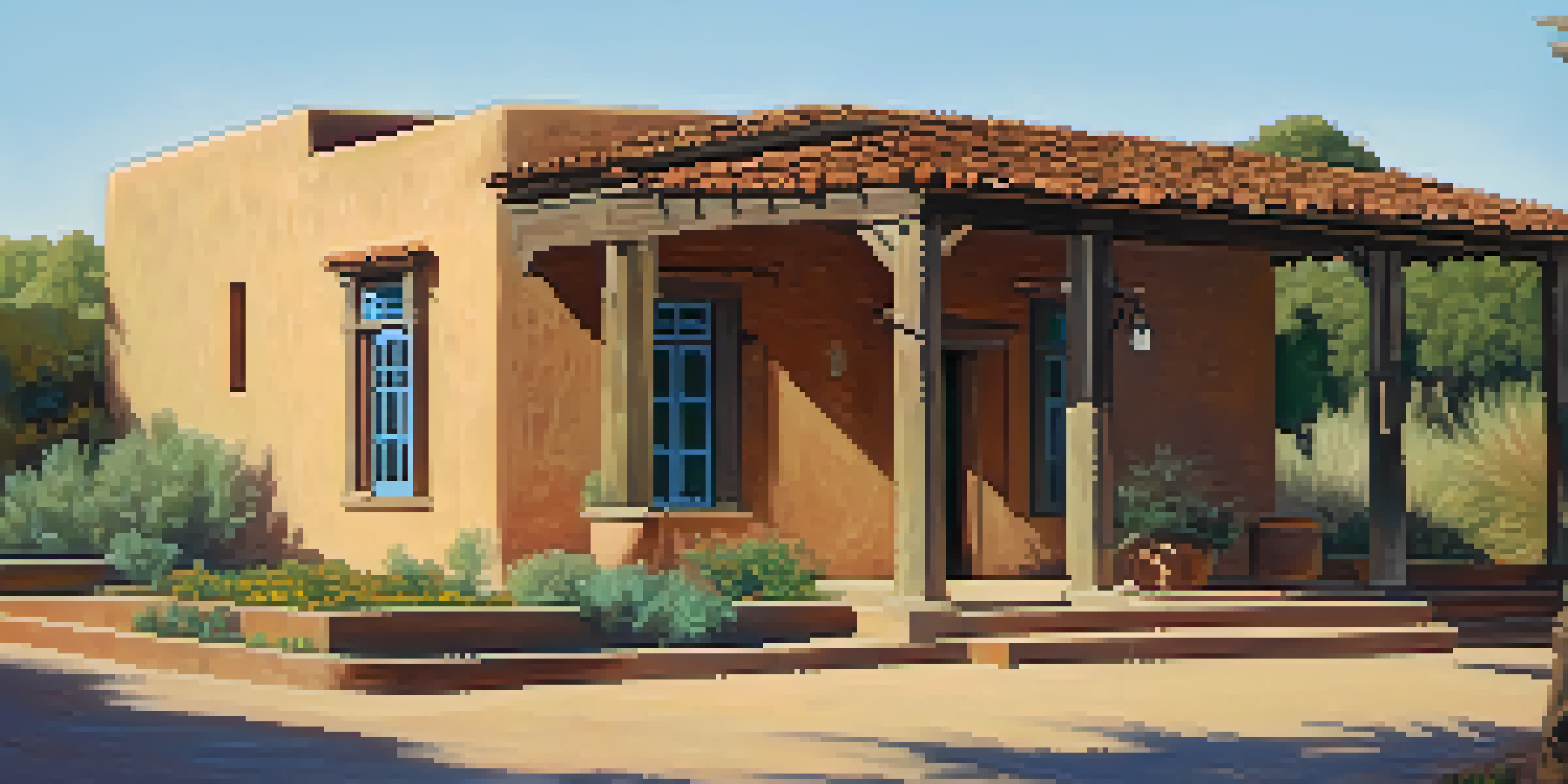 A historic adobe building in Austin with warm earth-toned walls surrounded by greenery under a clear blue sky during golden hour.