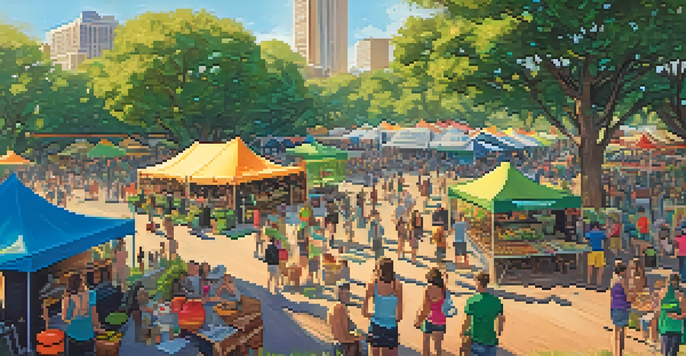 A lively festival in Austin with colorful tents and food trucks, emphasizing sustainable practices. Attendees enjoy local organic foods and use reusable water bottles, with recycling bins in sight.