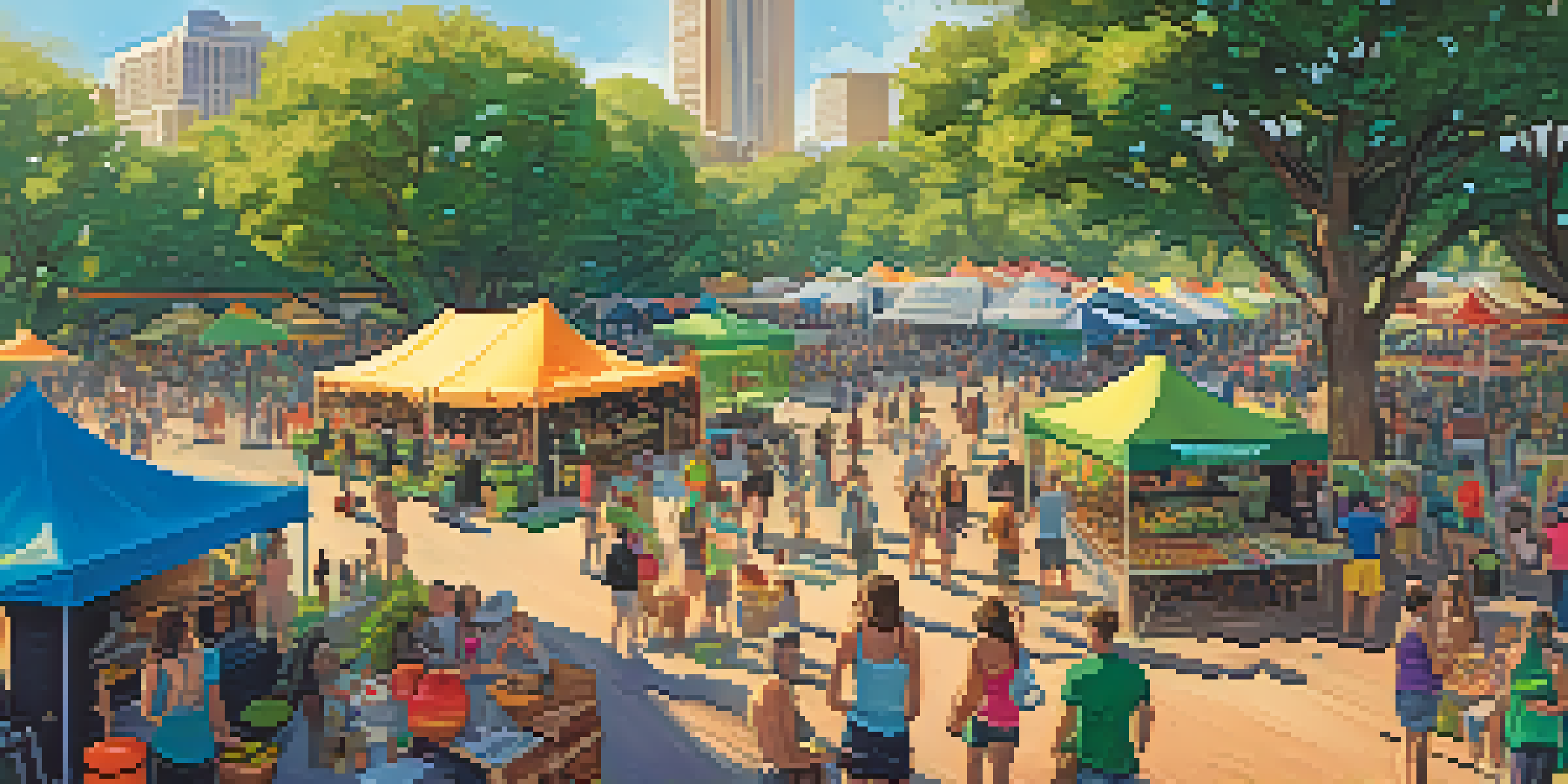 A lively festival in Austin with colorful tents and food trucks, emphasizing sustainable practices. Attendees enjoy local organic foods and use reusable water bottles, with recycling bins in sight.
