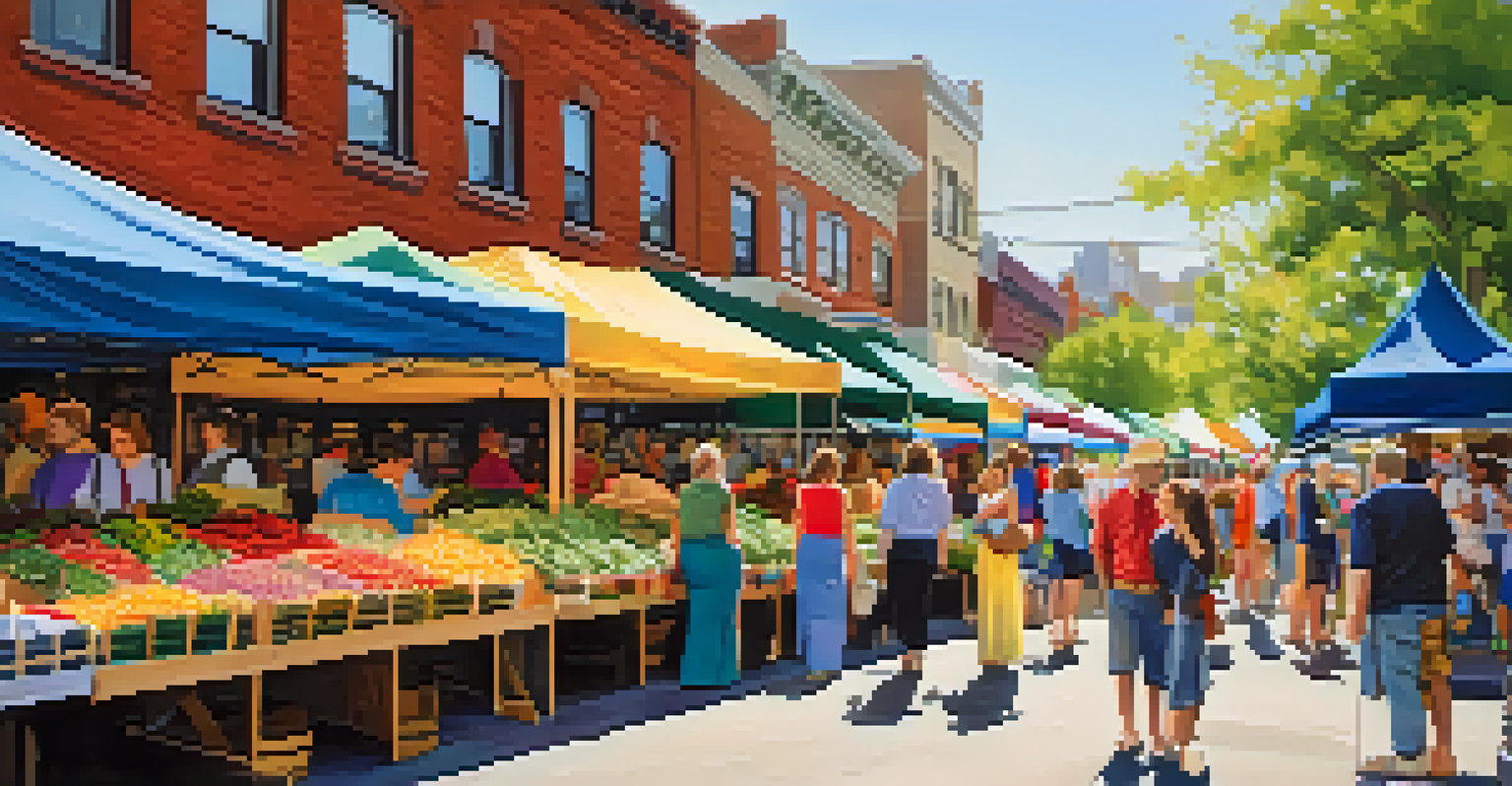 A lively outdoor market on West 5th Street with stalls of handmade crafts and local produce during a seasonal festival.