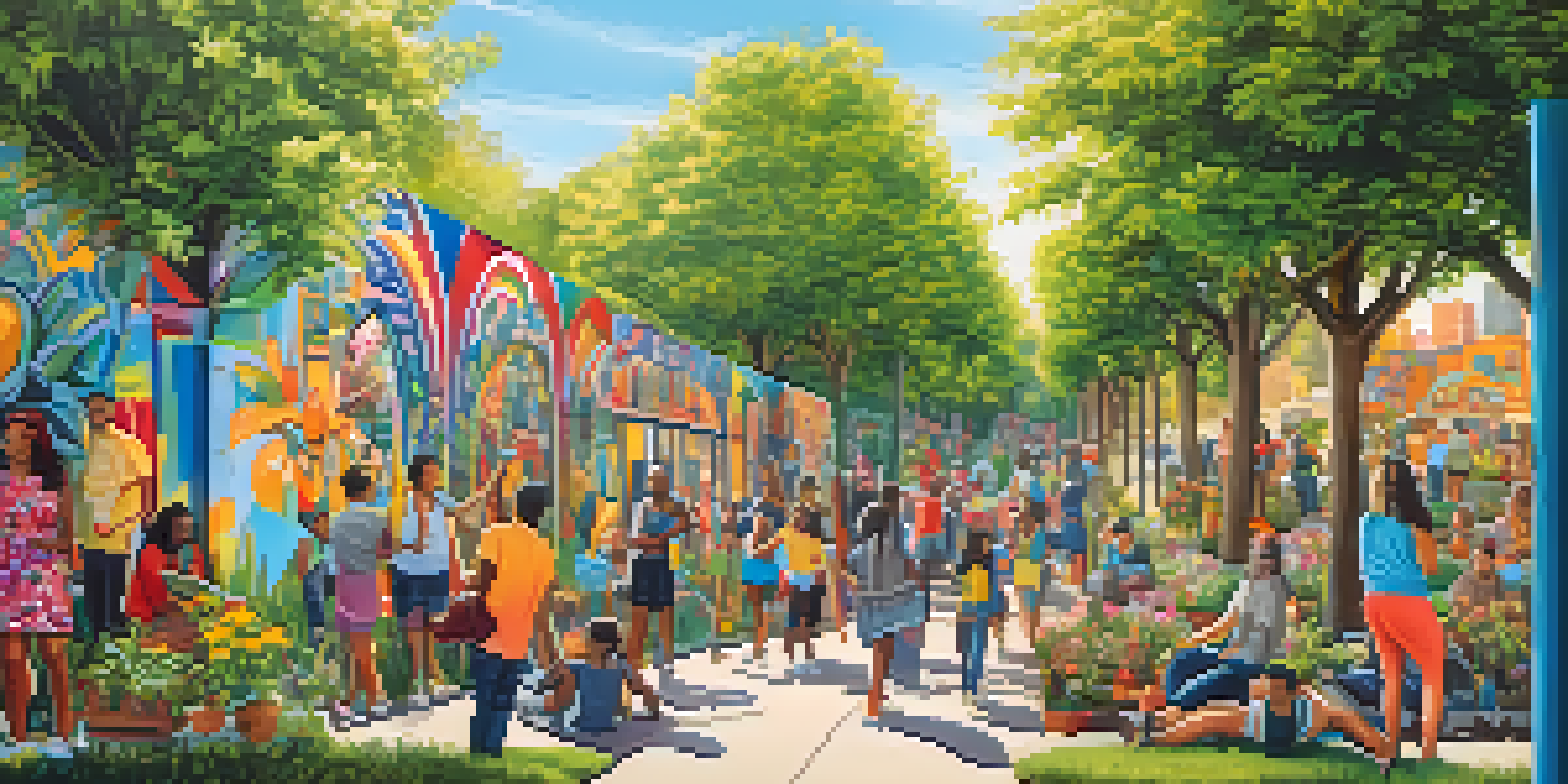 A colorful mural in a park showing diverse people engaging in artistic activities, surrounded by nature.