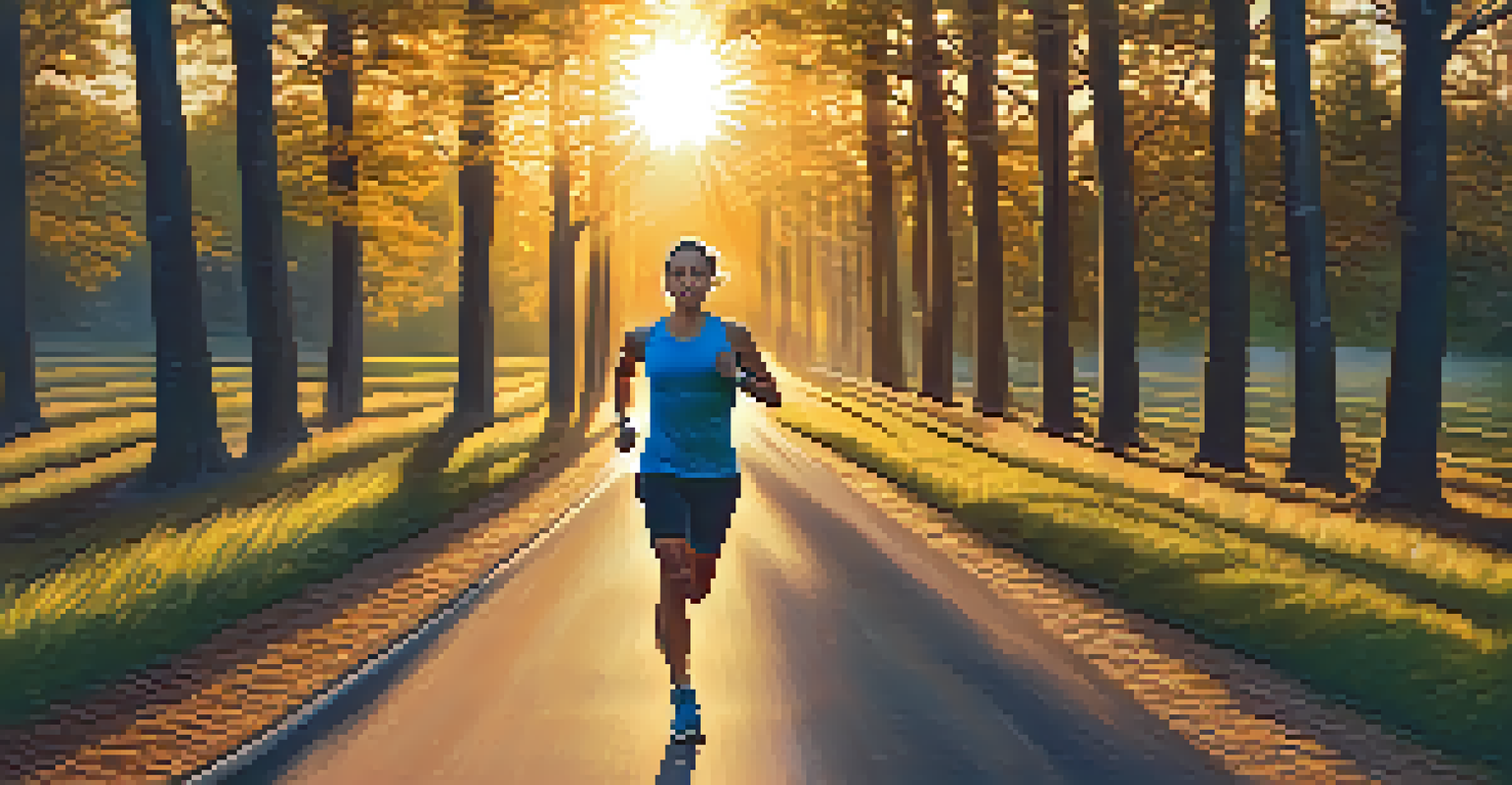 A person running on a scenic tree-lined path, wearing a smartwatch, with a beautiful sunset in the background.