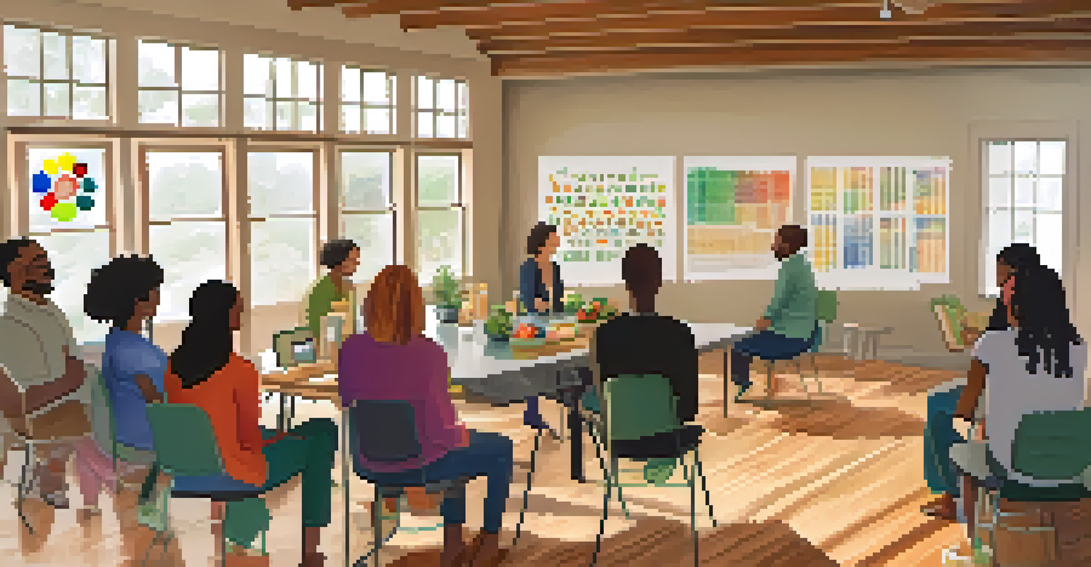 Participants engaged in a nutrition workshop indoors at a retreat in Austin, Texas, with a nutrition expert and healthy eating charts.