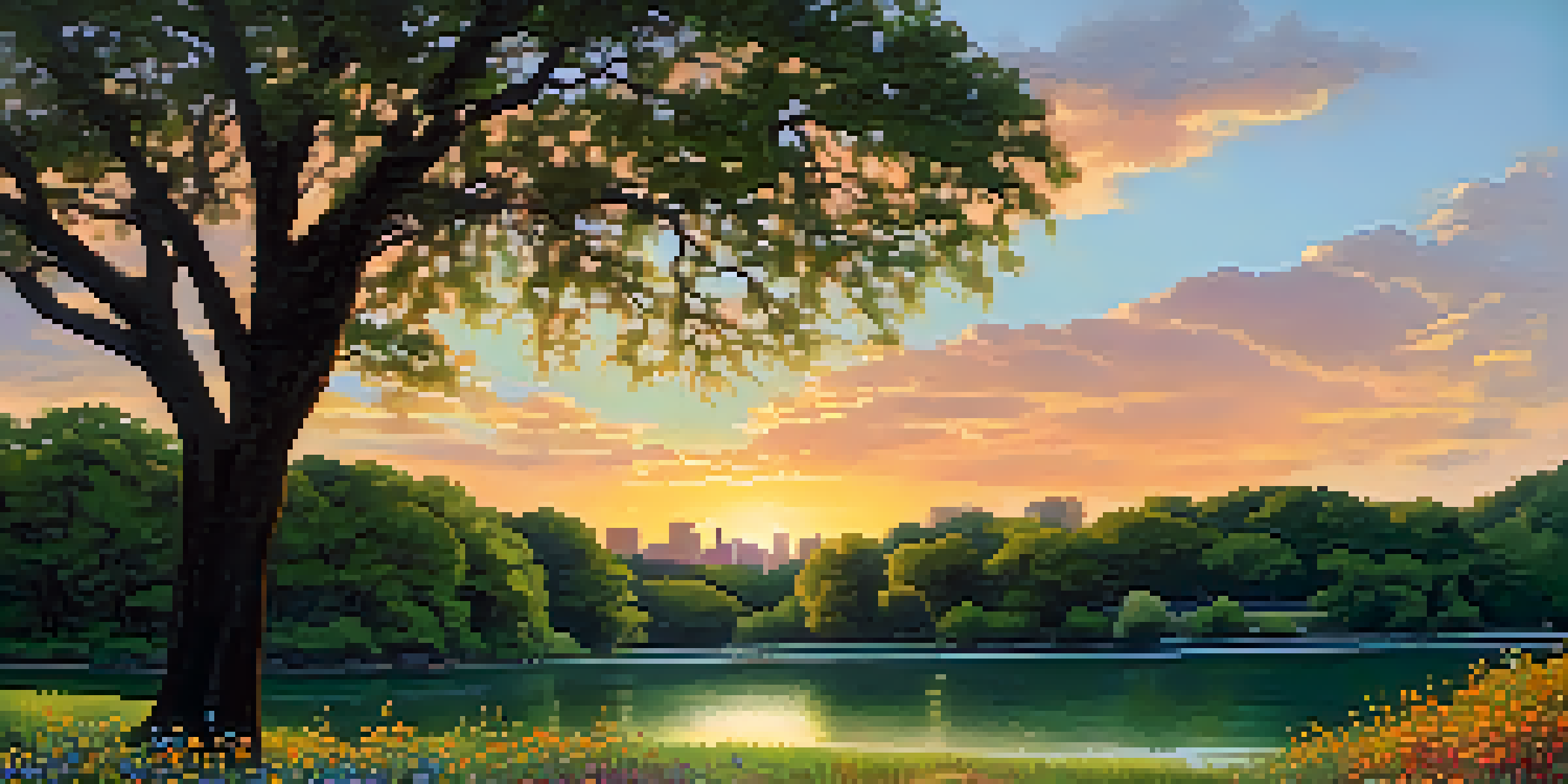 A sunset at Zilker Park with a reflection on Lady Bird Lake, framed by trees and wildflowers.