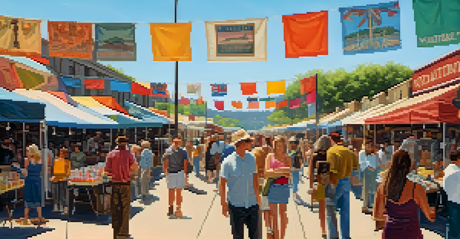 A vibrant outdoor vintage market with shoppers browsing unique antiques and crafts under sunny skies.