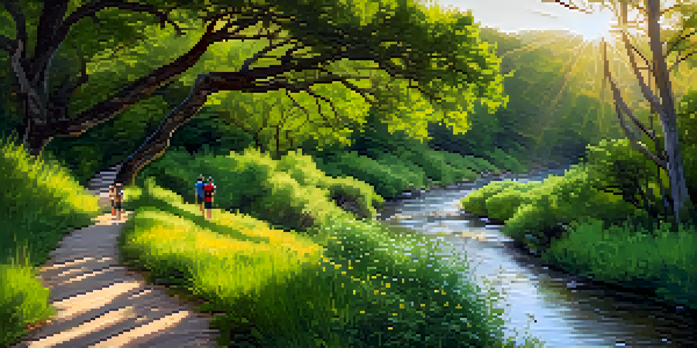 A peaceful scene of Barton Creek Greenbelt at sunrise, featuring a winding path surrounded by greenery and blooming wildflowers, with hikers in the distance.