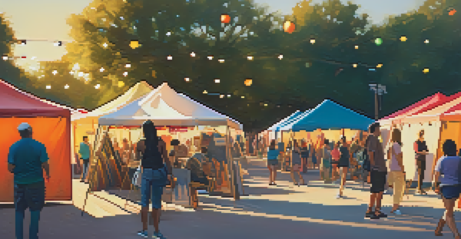 An outdoor art festival in Austin during sunset, featuring artists and diverse attendees.