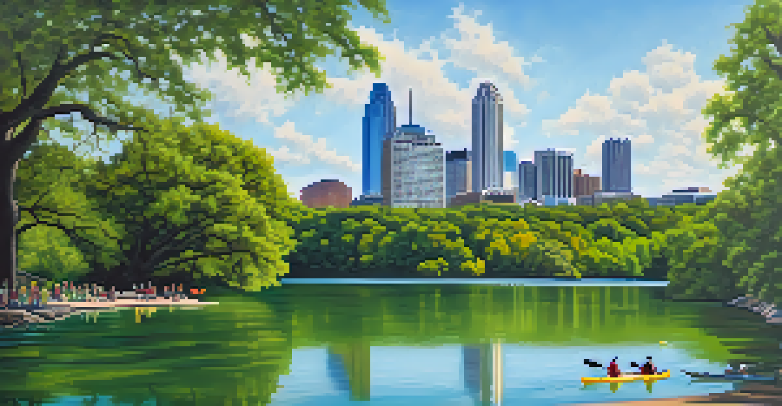 Panoramic view of Zilker Park with kayakers on Lady Bird Lake and the Austin skyline.