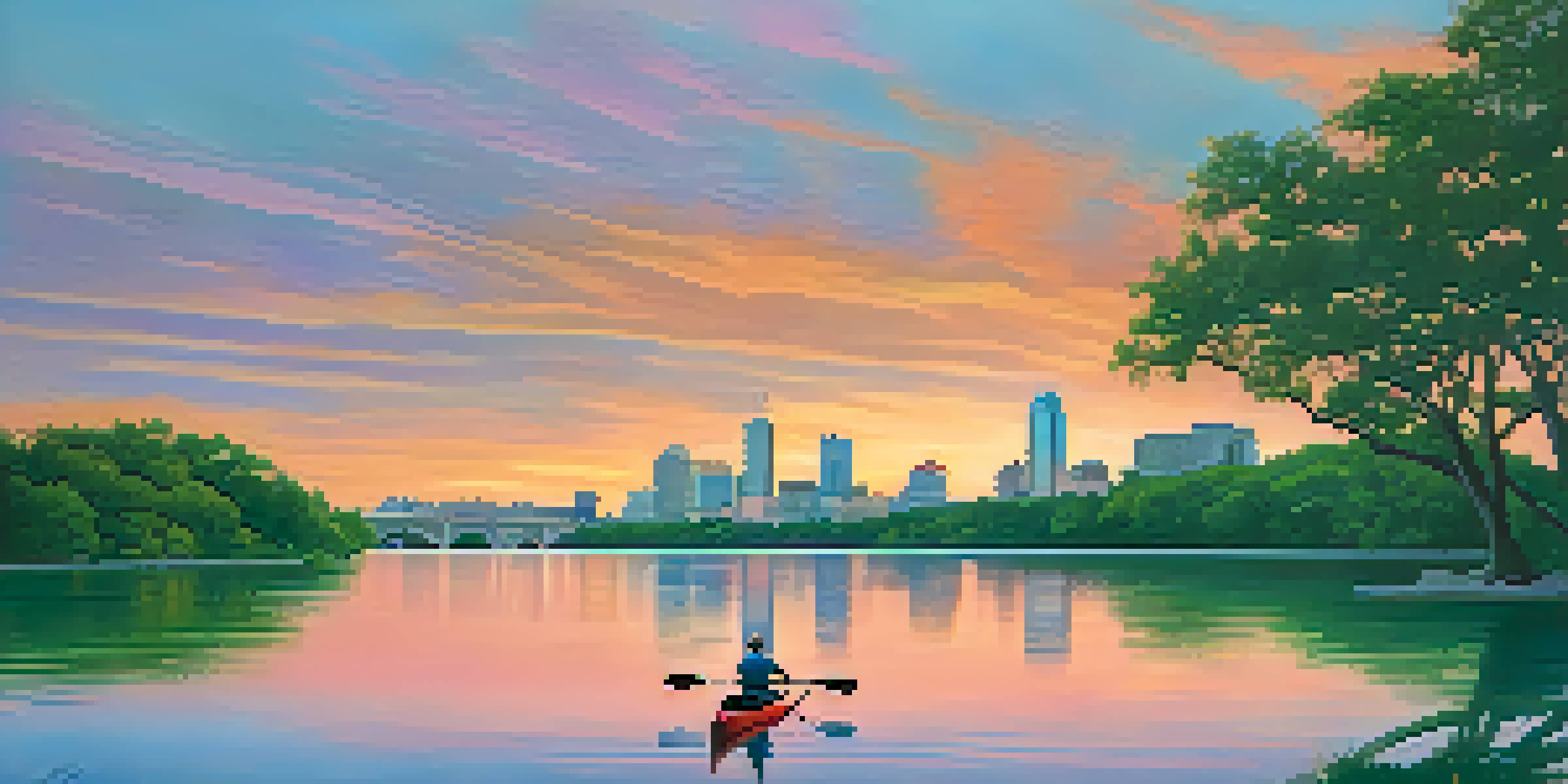 A peaceful view of Lady Bird Lake at sunset, with a kayaker on calm waters and the Austin skyline in the background.