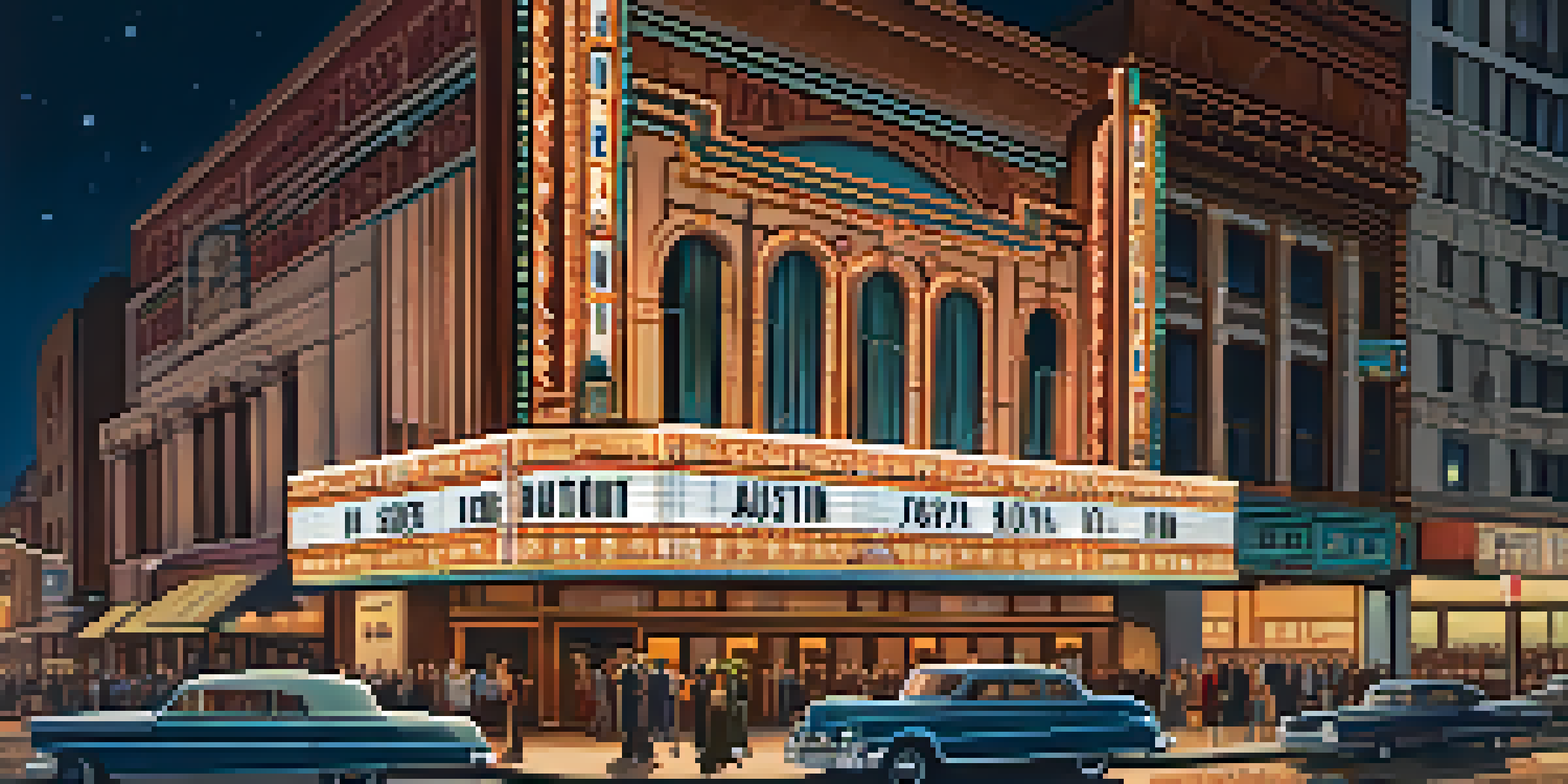 A vibrant scene of the Paramount Theatre, featuring its elaborate Art Deco entrance and neon lights, with people in vintage clothing.