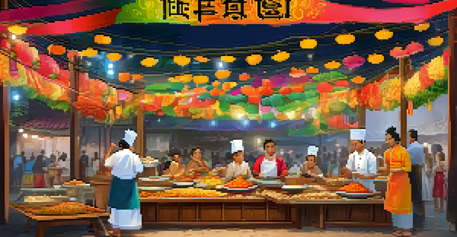 A colorful food stall at a festival showcasing traditional dishes, with families enjoying the culinary experience.