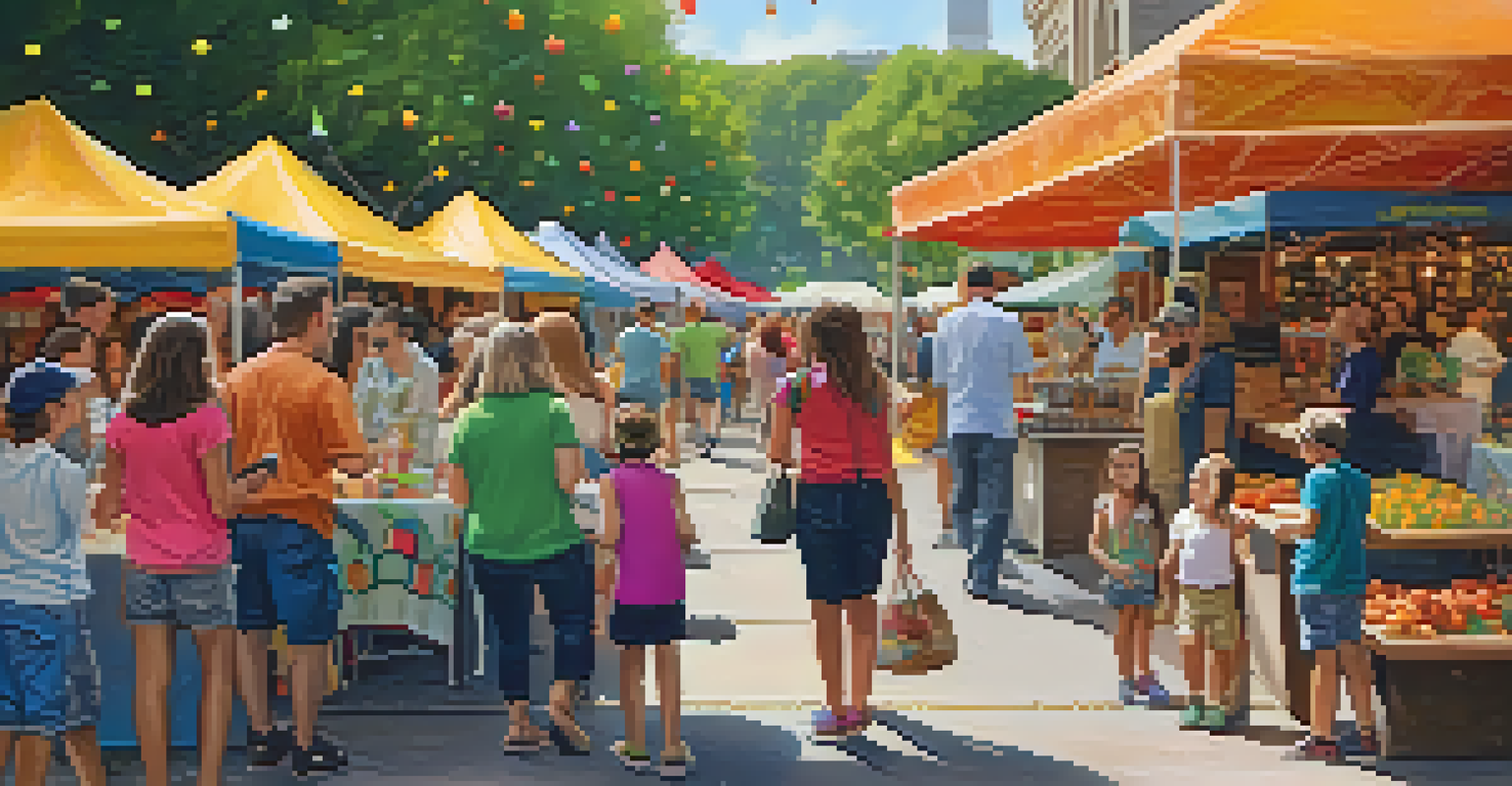 A family at an artisan market engaging in crafts, surrounded by colorful stalls and enjoying the lively atmosphere of the event.