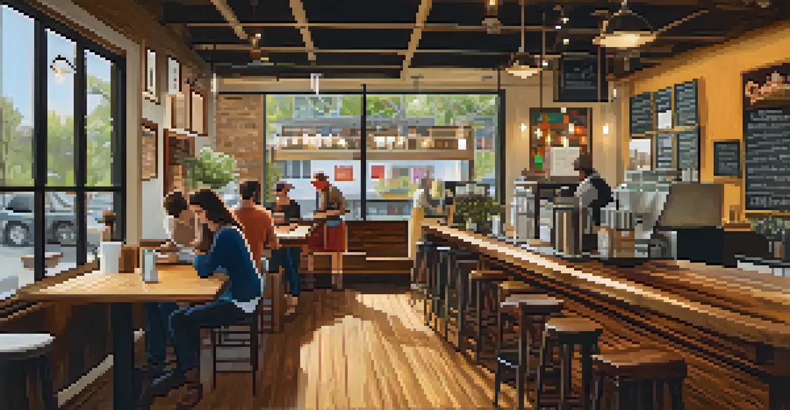 Inside a cozy coffee shop in Austin, with people working on laptops and a barista making coffee, surrounded by local artwork.