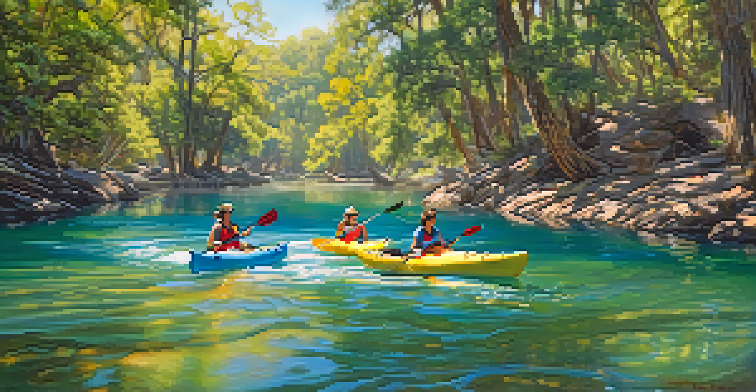 A group of friends kayaking on a clear river with cypress trees and an otter swimming nearby.