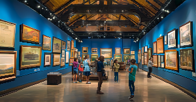 A busy history museum in Austin with families interacting with exhibits and colorful banners.
