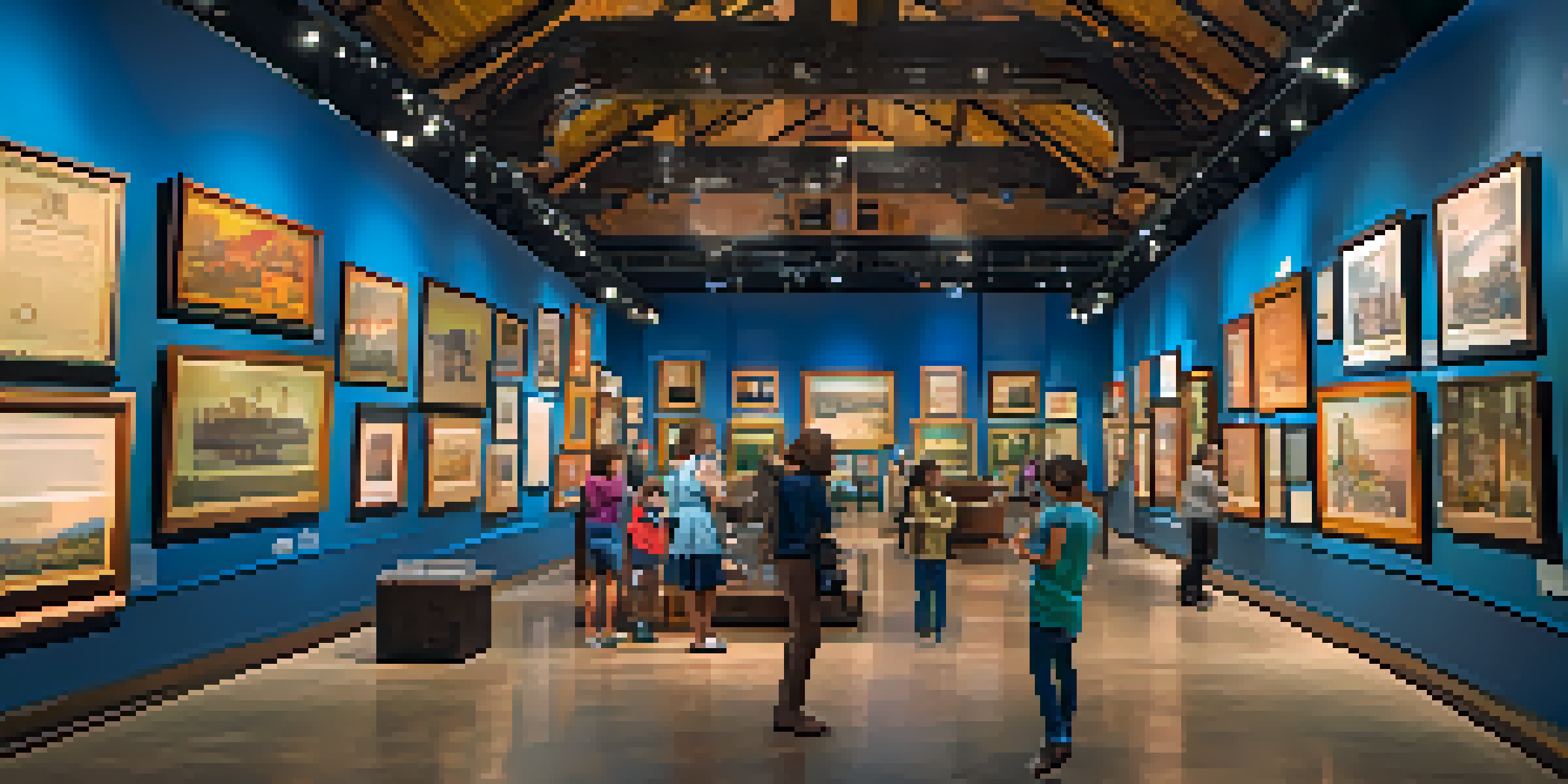 A busy history museum in Austin with families interacting with exhibits and colorful banners.