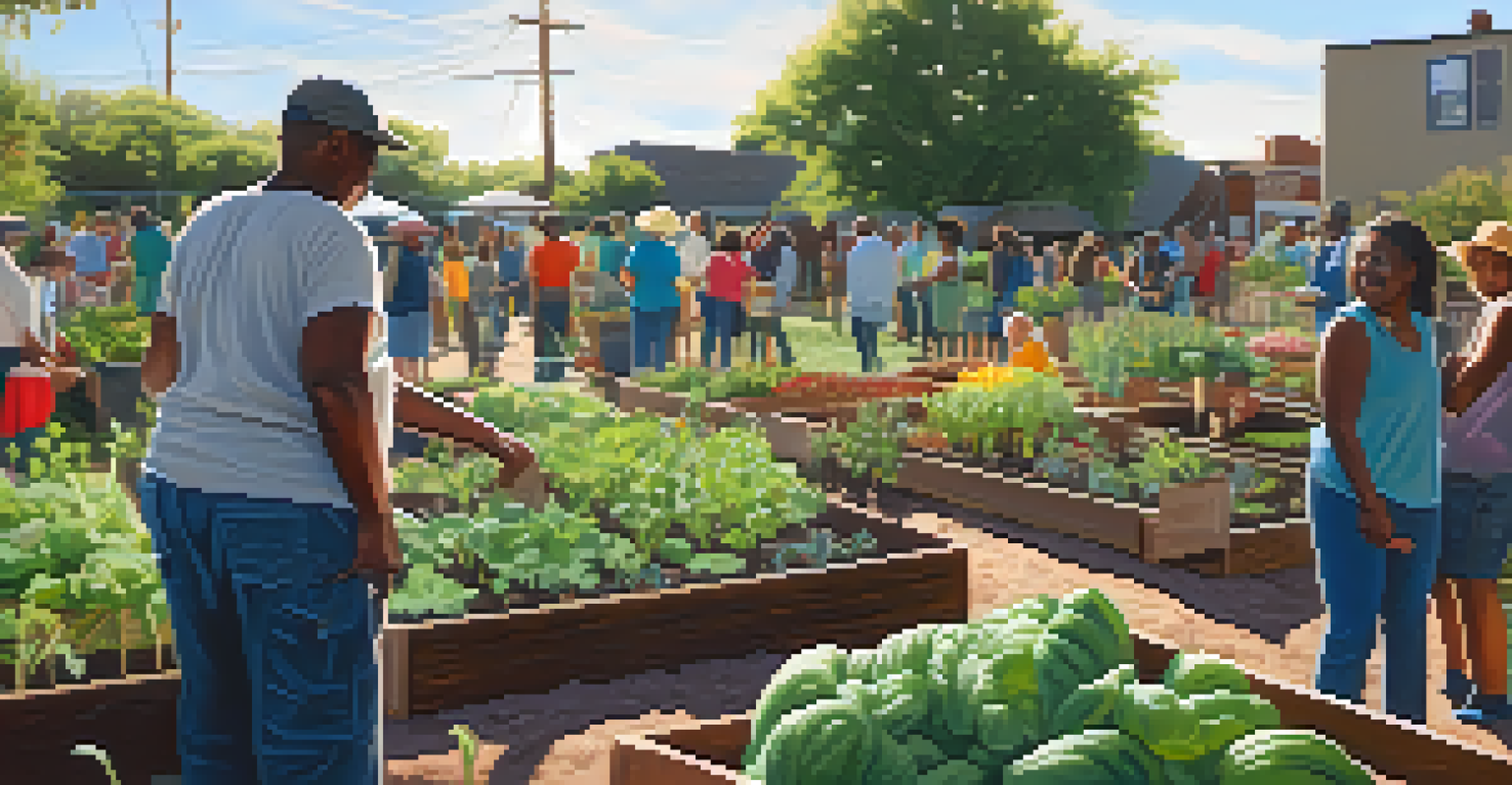 A community garden in East Austin with diverse individuals planting and watering vegetables and flowers under warm sunlight.