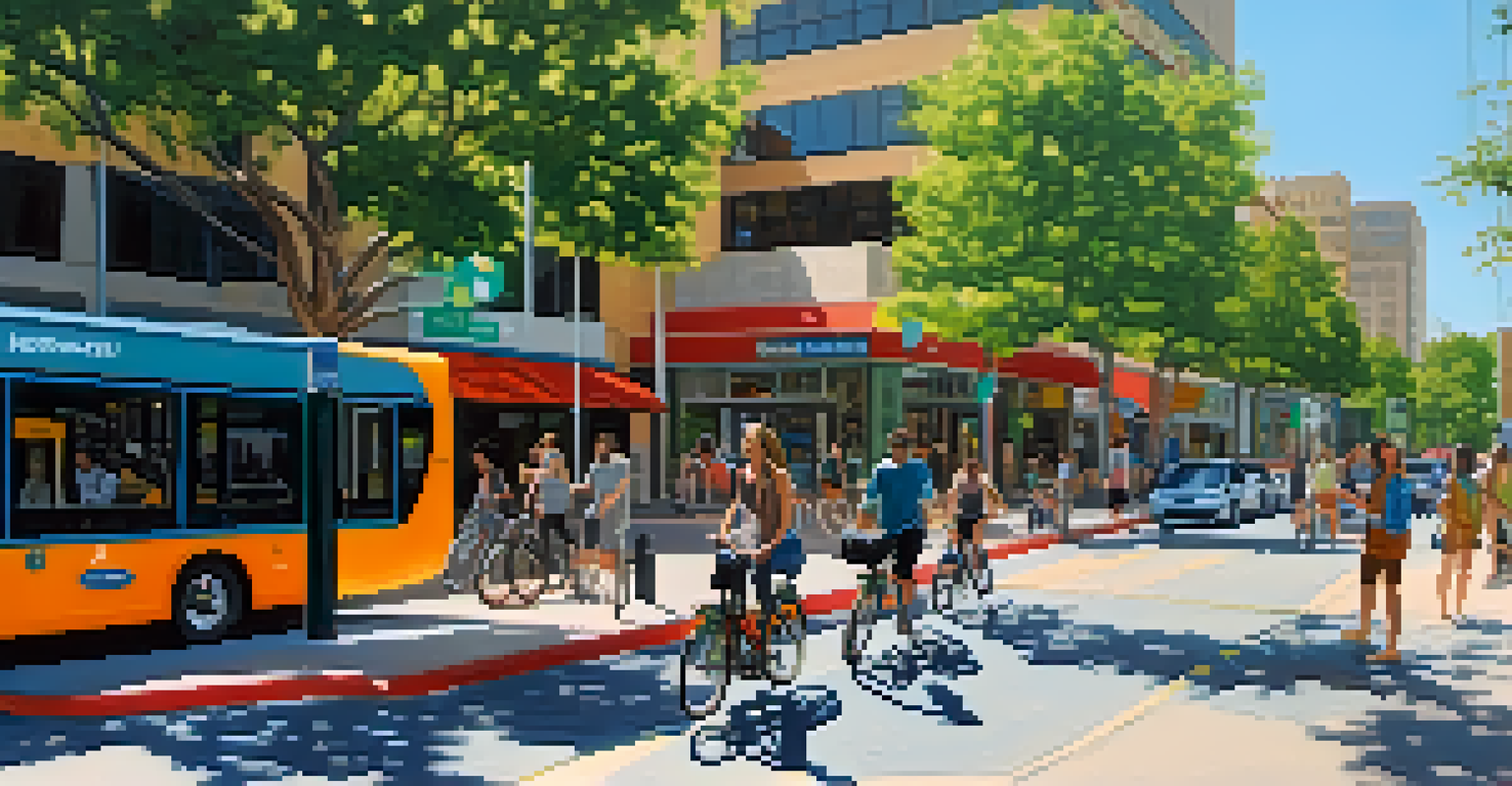 A lively Austin street with a bike-sharing station, electric vehicle chargers, and pedestrians, surrounded by trees and local shops under a clear blue sky.