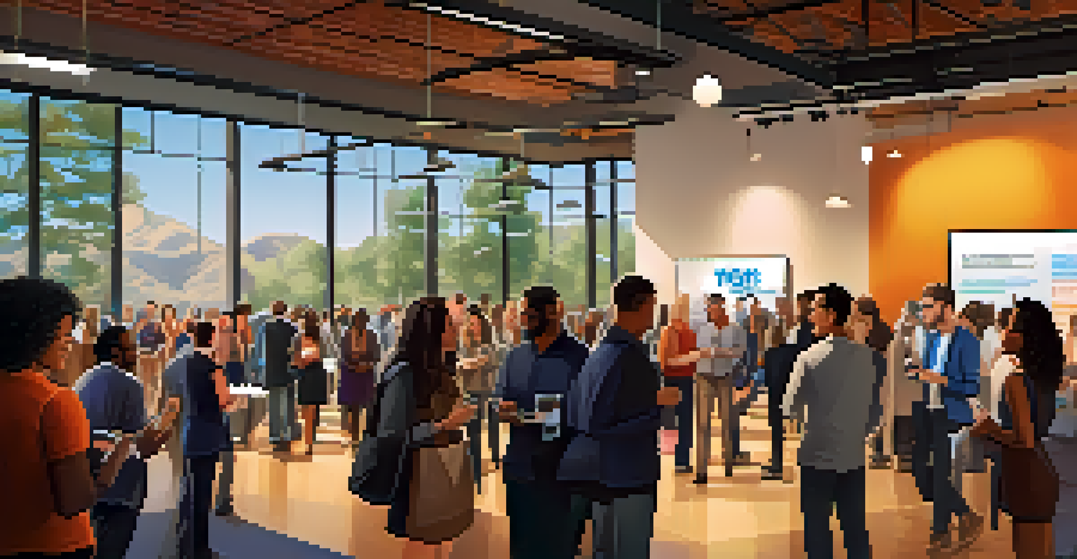 A networking event in Silicon Hills with diverse tech professionals engaging in conversations in a modern venue.