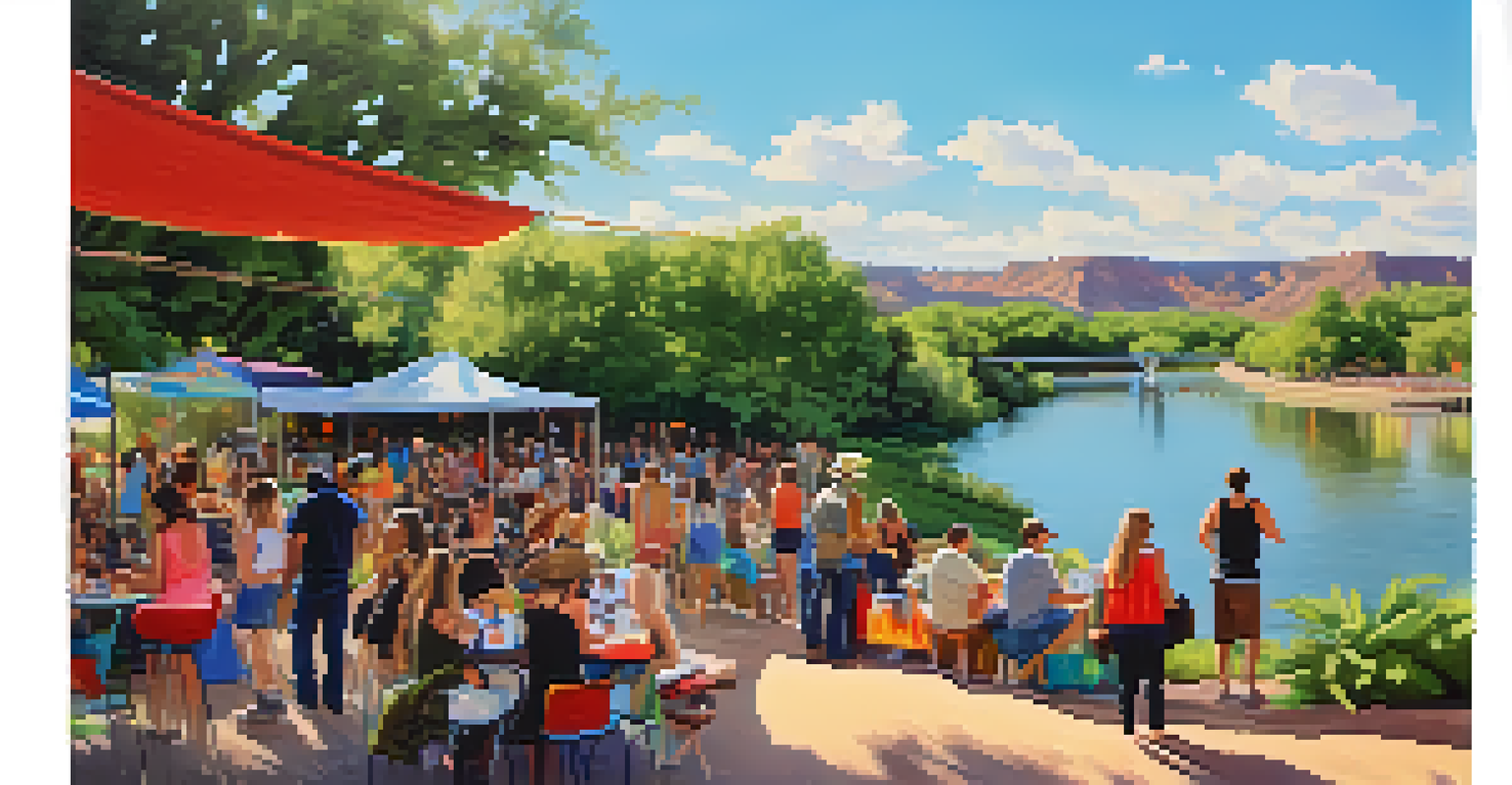 A picturesque view of a West Austin park during an outdoor festival with artists, musicians, and families enjoying the scenery.