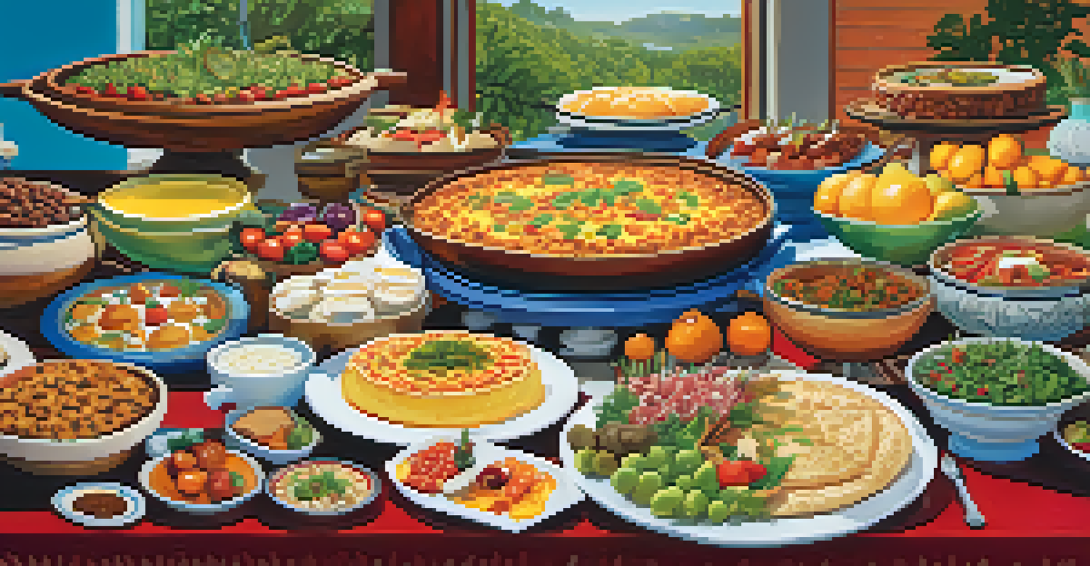 A colorful brunch buffet featuring a variety of international dishes, with guests enjoying the food in a relaxed setting.