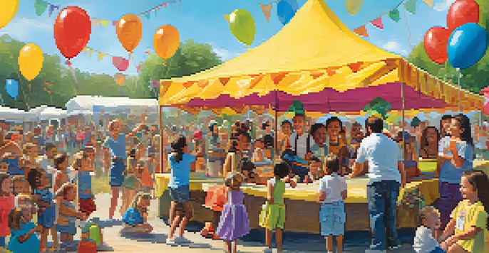 A lively children's festival scene with kids watching a puppet show and families enjoying the atmosphere.