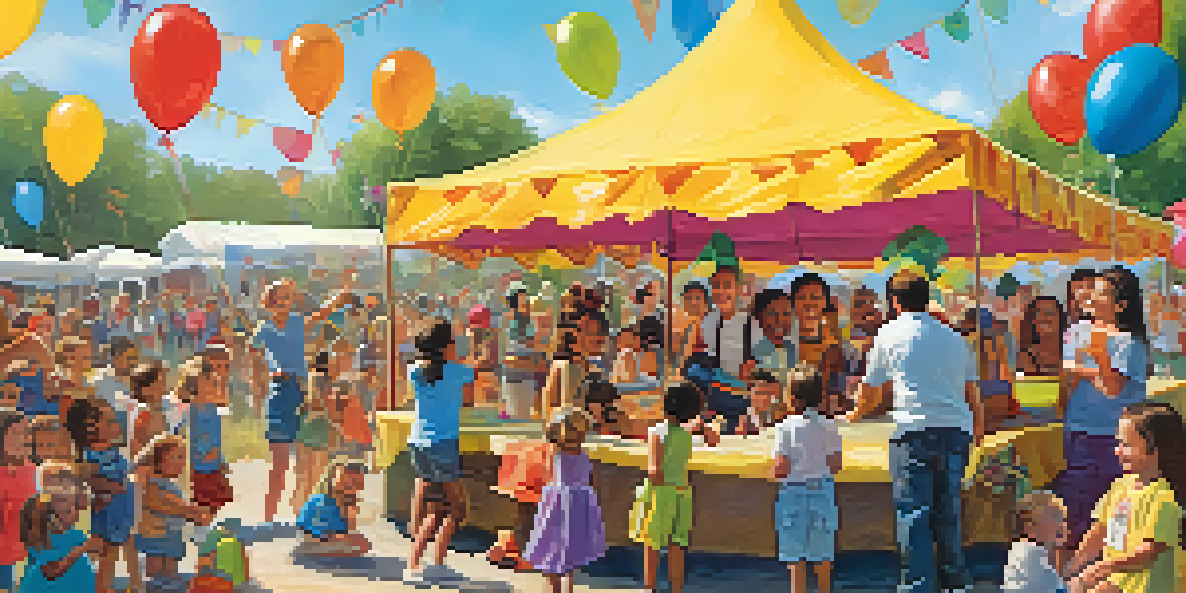 A lively children's festival scene with kids watching a puppet show and families enjoying the atmosphere.