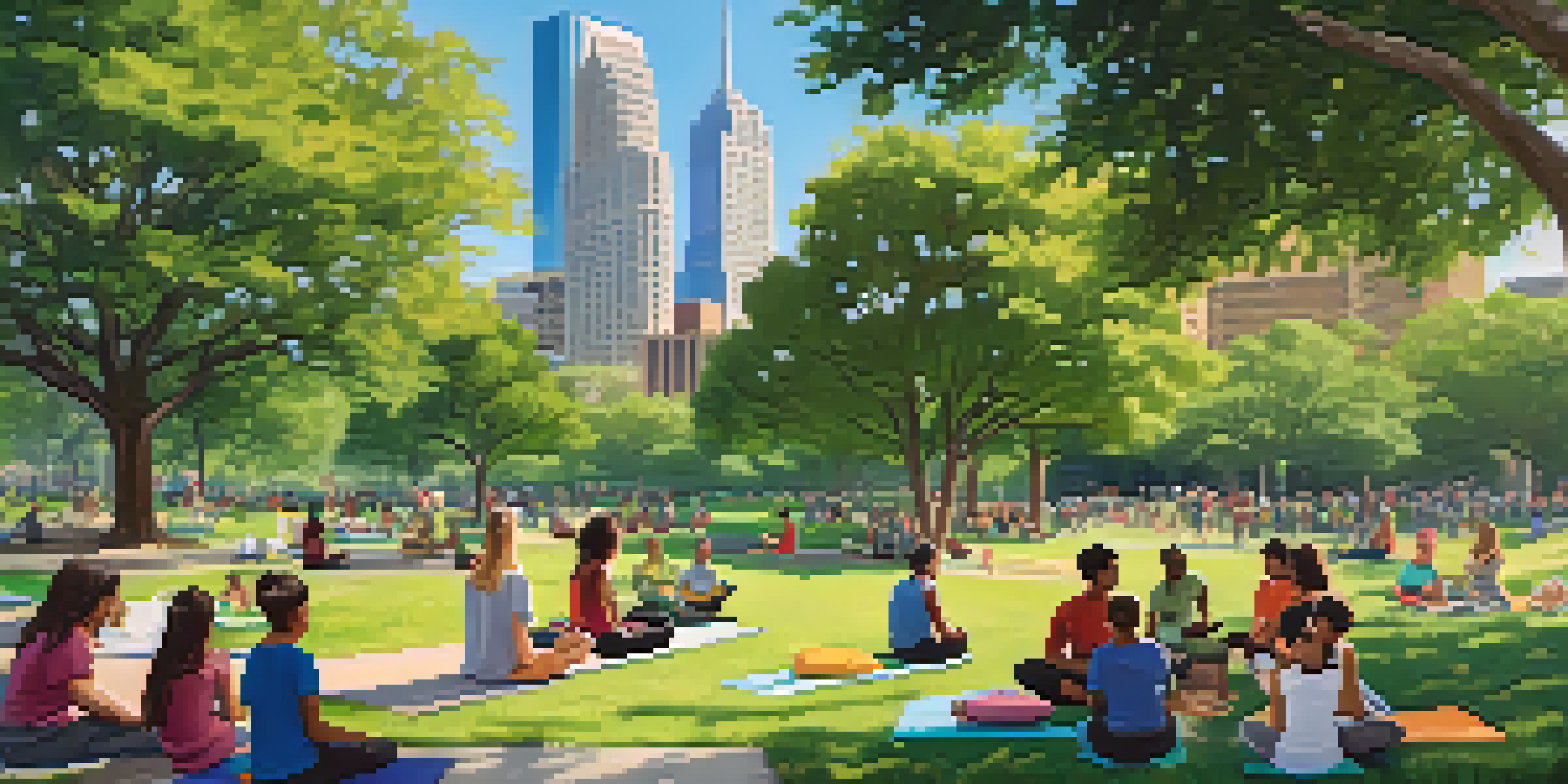 A lively urban park in Austin with families picnicking, children playing, and people practicing yoga, with a skyline in the background.