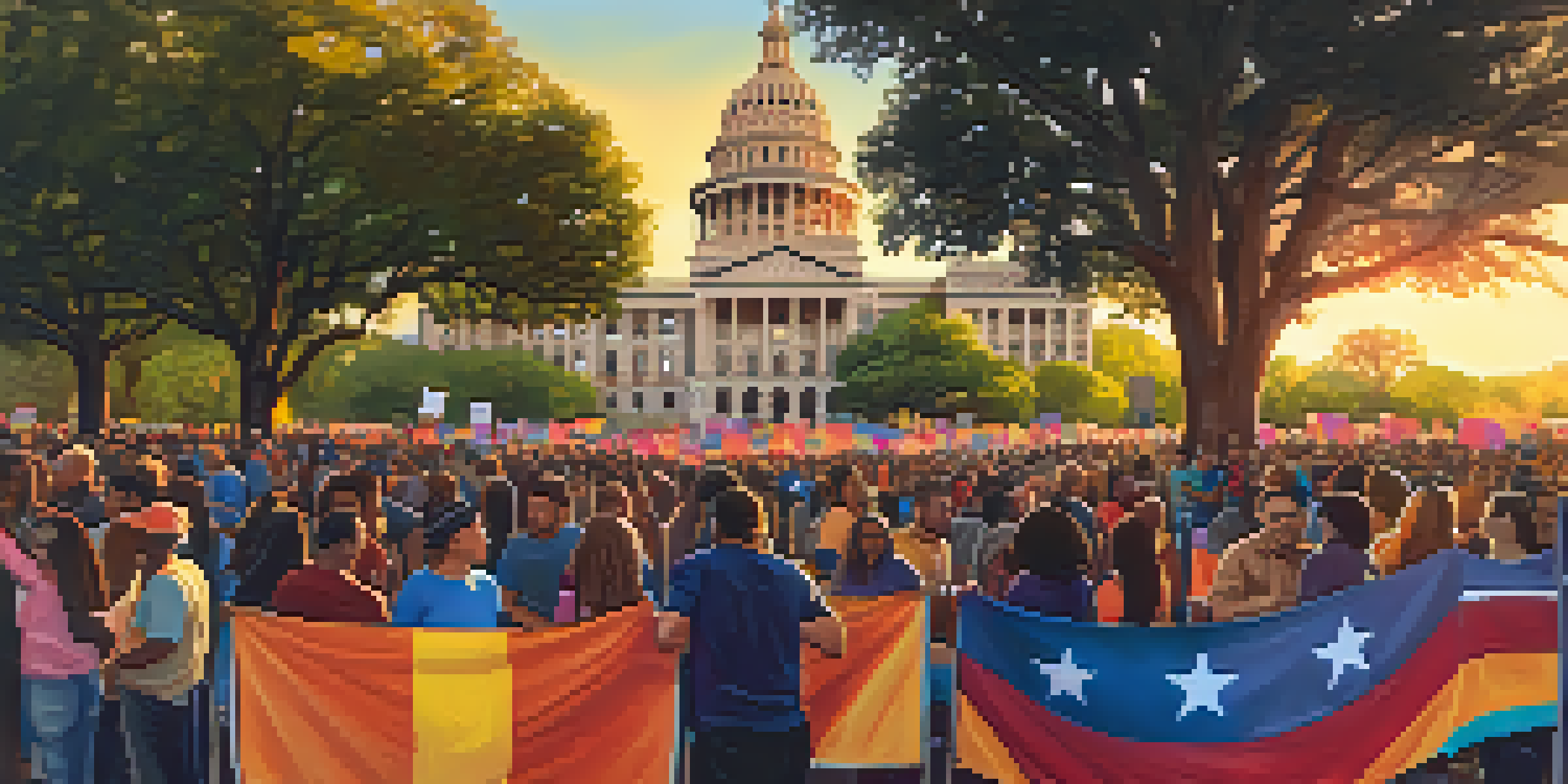 A diverse group of activists holding colorful banners and signs at the Texas State Capitol in Austin during sunset.