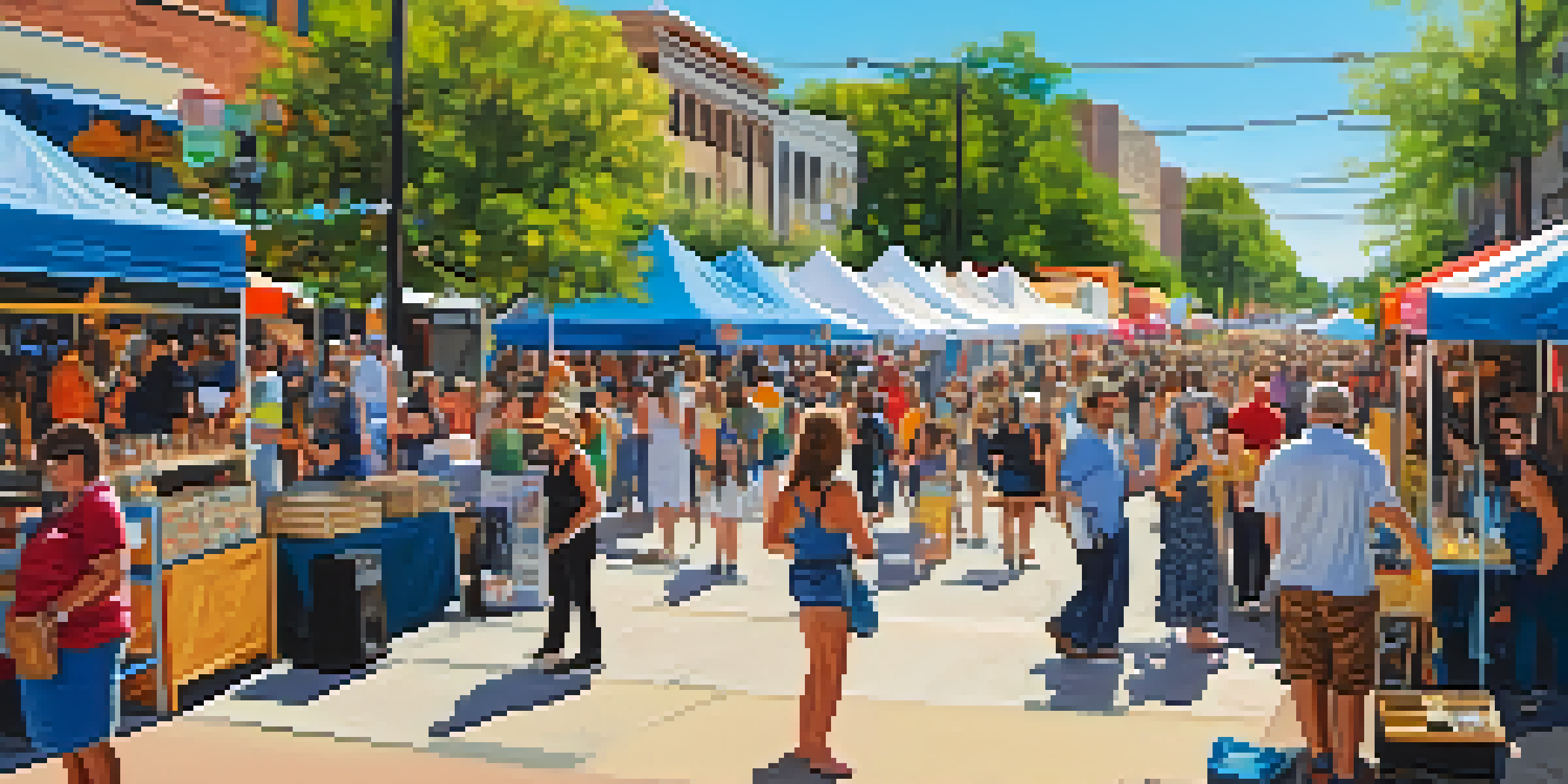 A bustling festival scene with colorful artisan booths, local musicians performing, and families enjoying the day in downtown Austin.