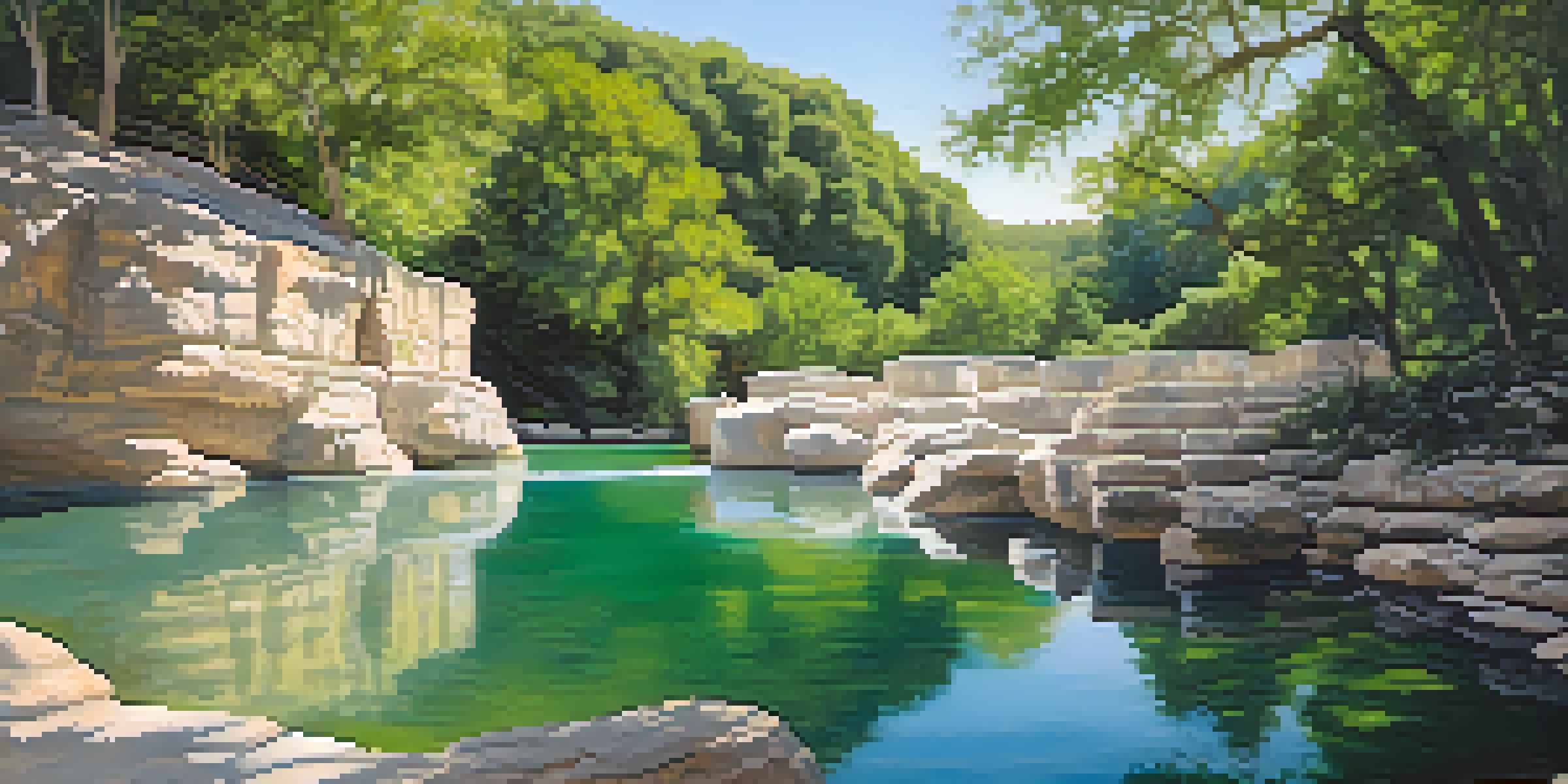 A peaceful scene at Sculpture Falls with water cascading into a pool, surrounded by greenery and limestone cliffs, with people relaxing.